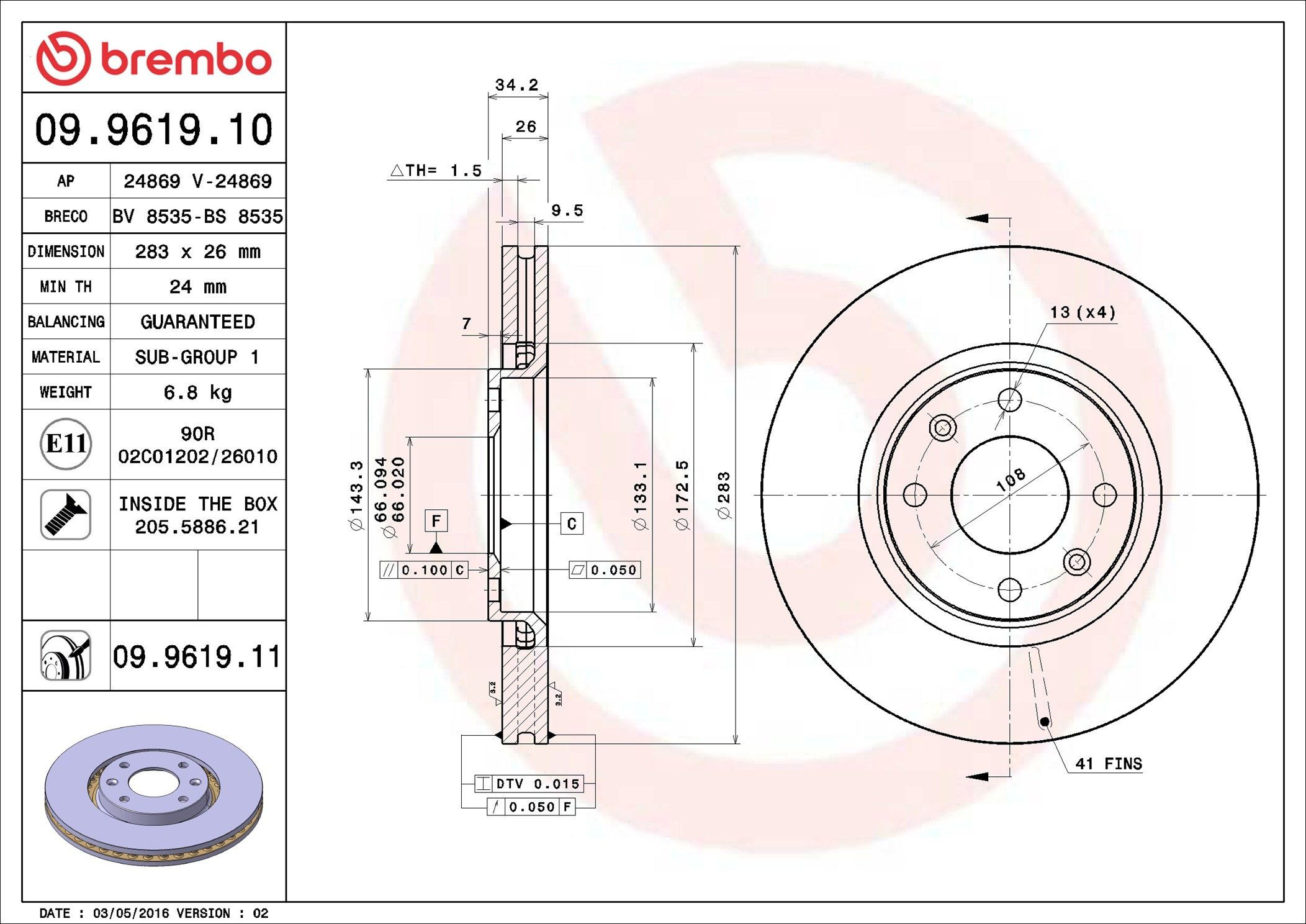 Диск переднього гальма Brembo 09961910 ціна, від 44.98 USD