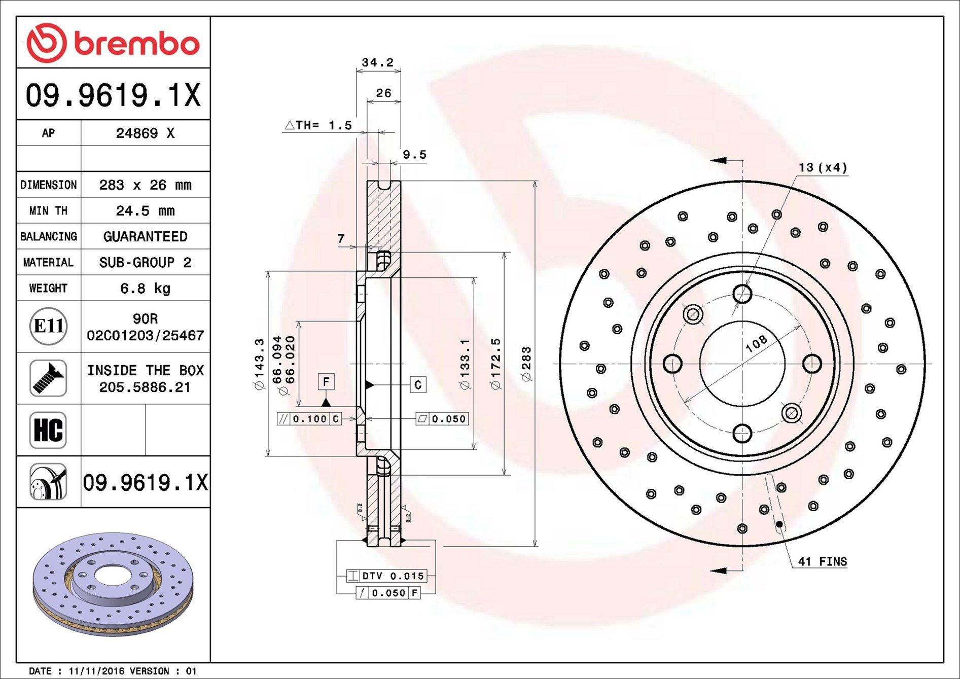 Диск переднього гальма Brembo 0996191X ціна, від 38.01 USD