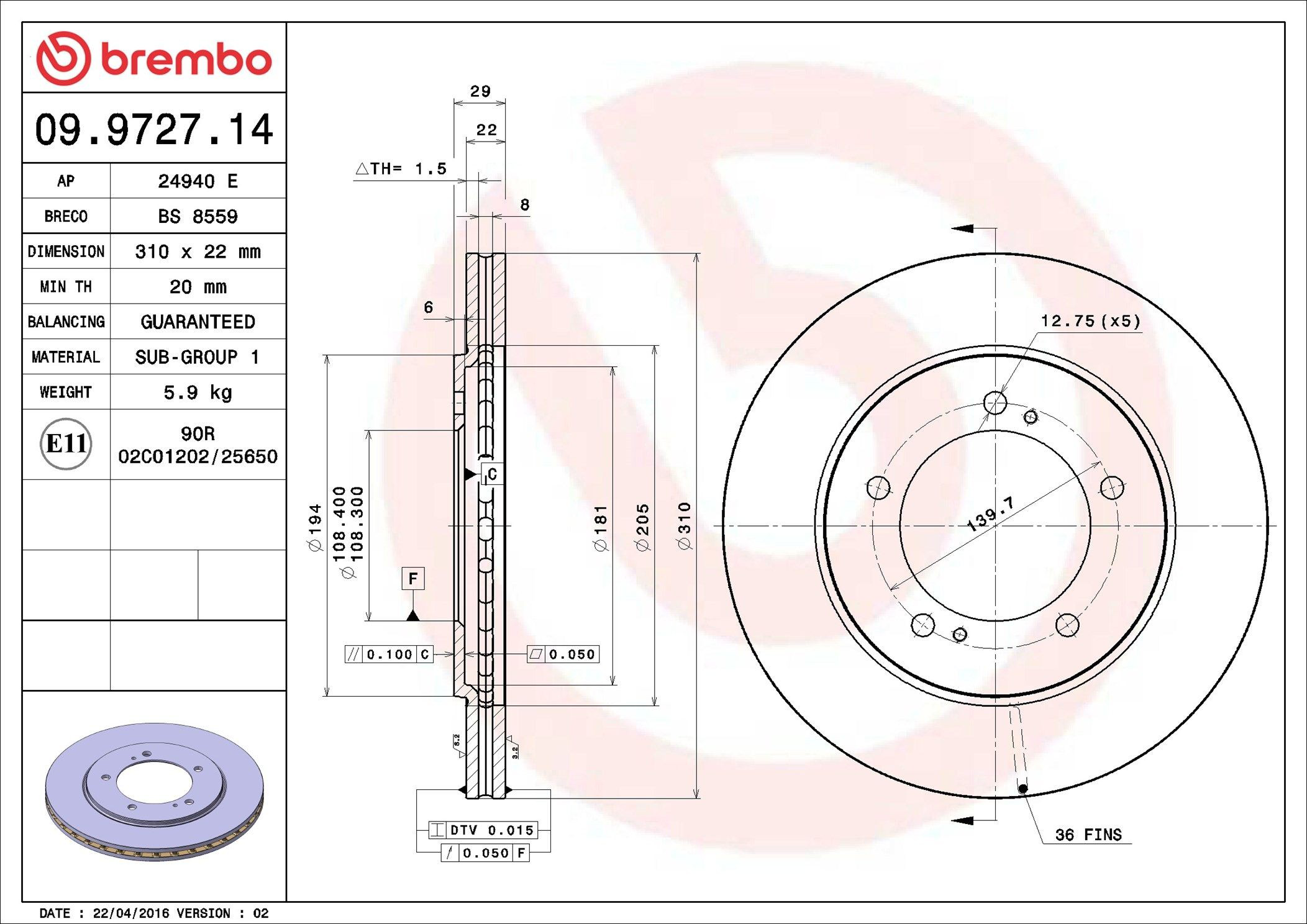 Диск переднього гальма Brembo 09972714 ціна, від 35.84 USD