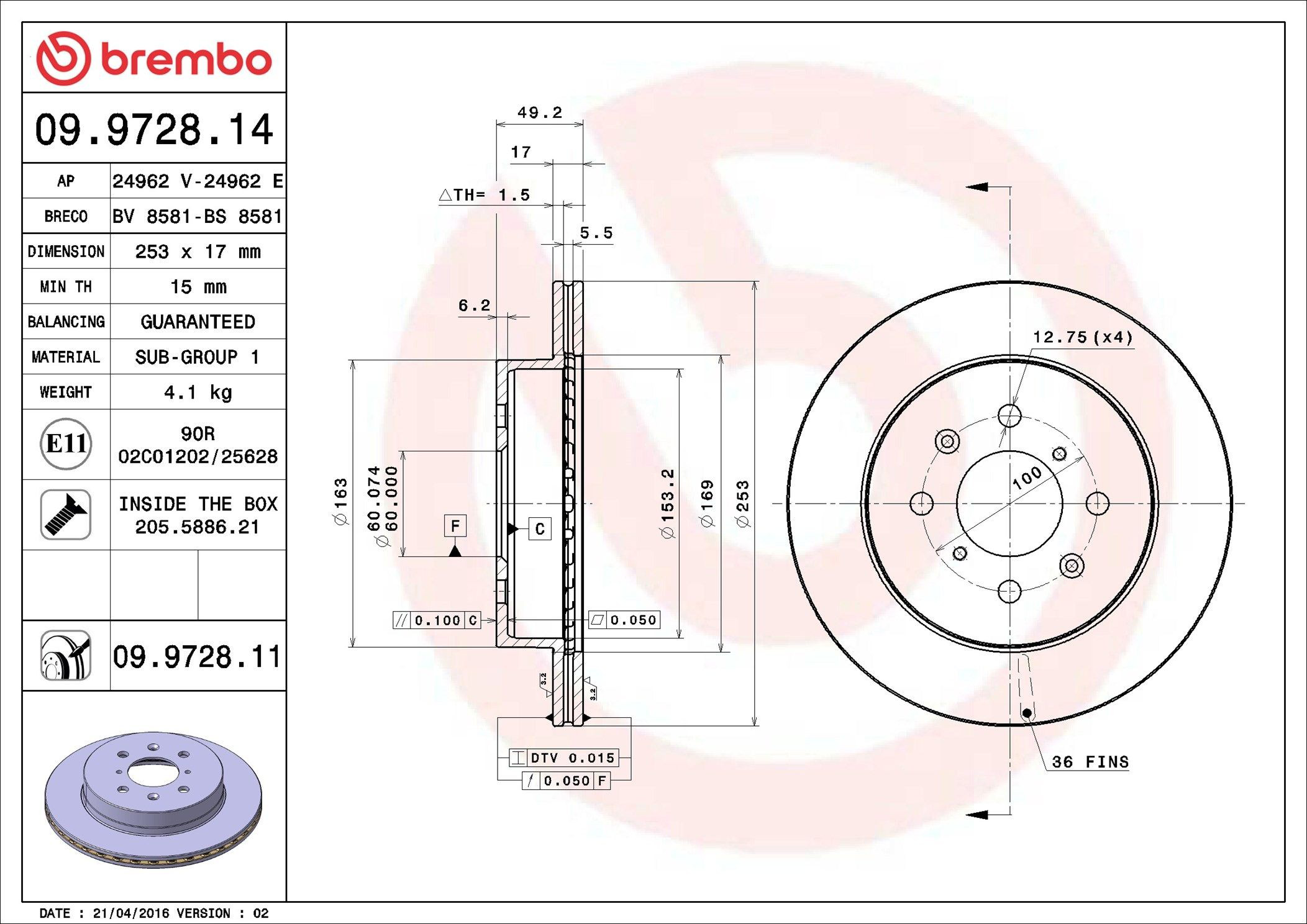 Диск переднього гальма Brembo 09972811 ціна, від 28.53 USD