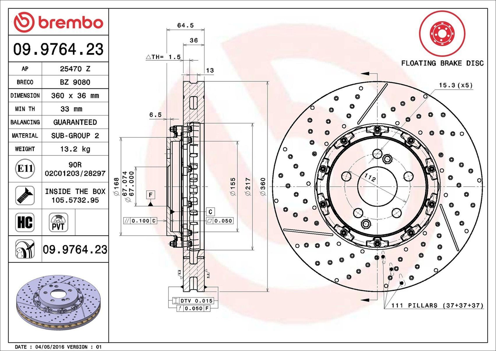 Диск переднього гальма Brembo 09976423 ціна, від 528.51 USD