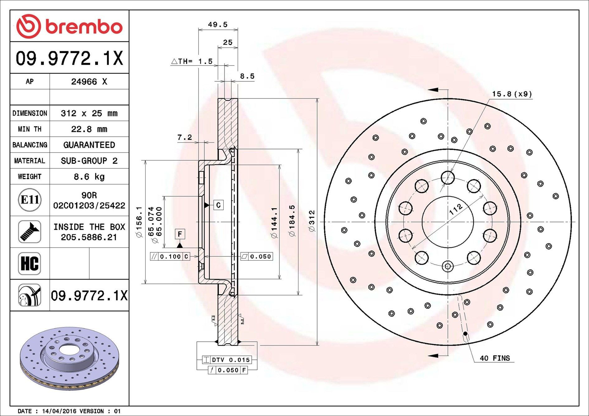 Диск переднього гальма Brembo 0997721X ціна, від 90.14 USD