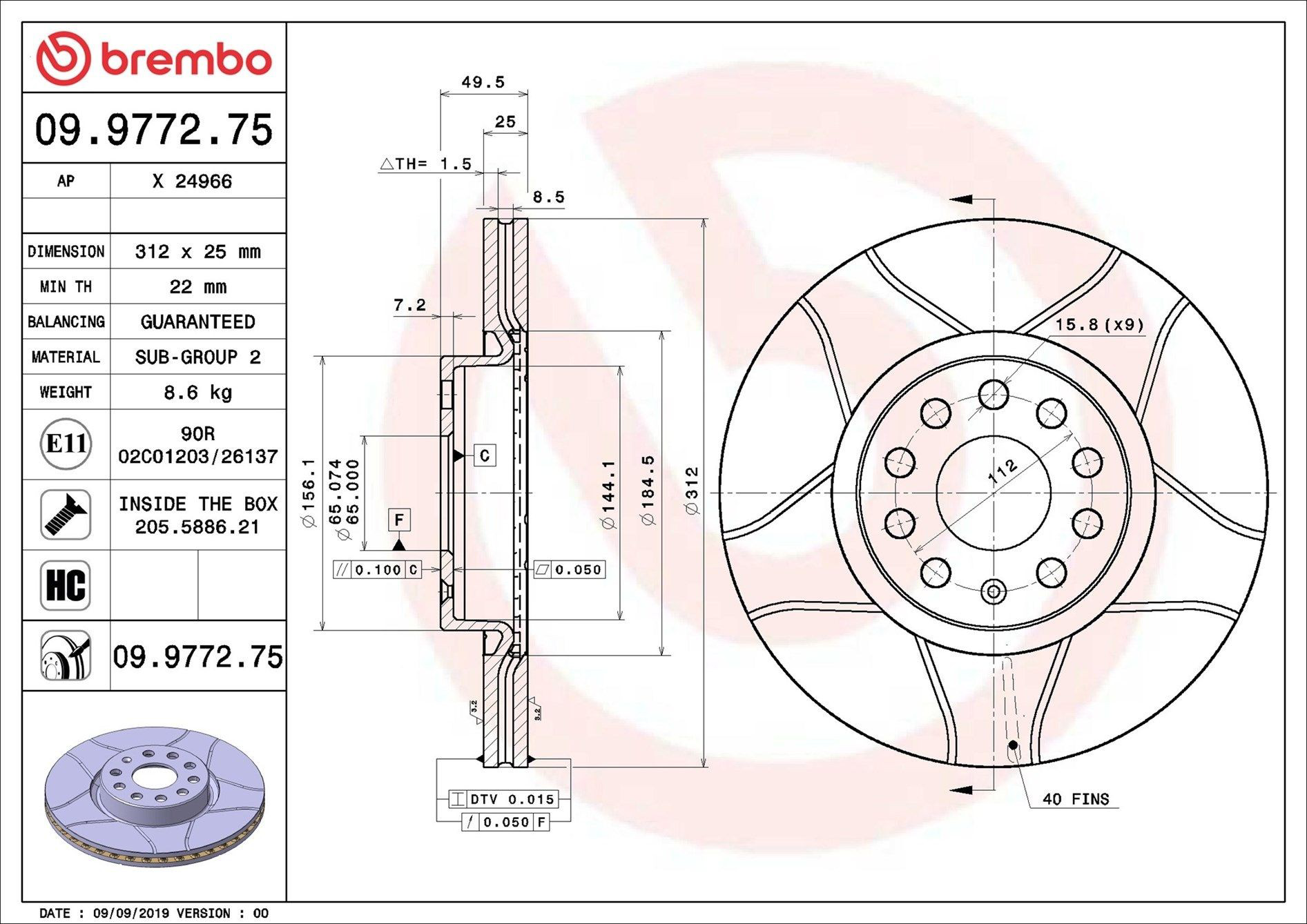 Диск гальмівний передній Brembo 09977275