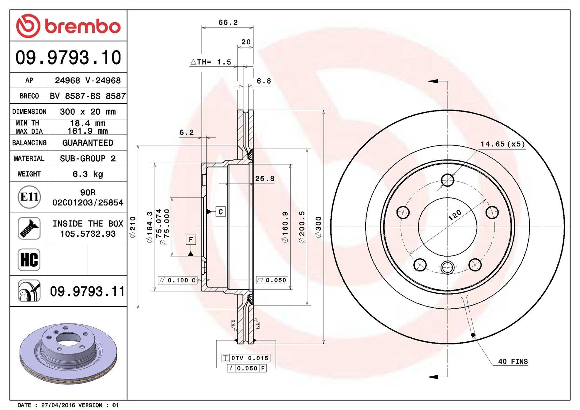 Диск гальмівний задній Brembo 09979311