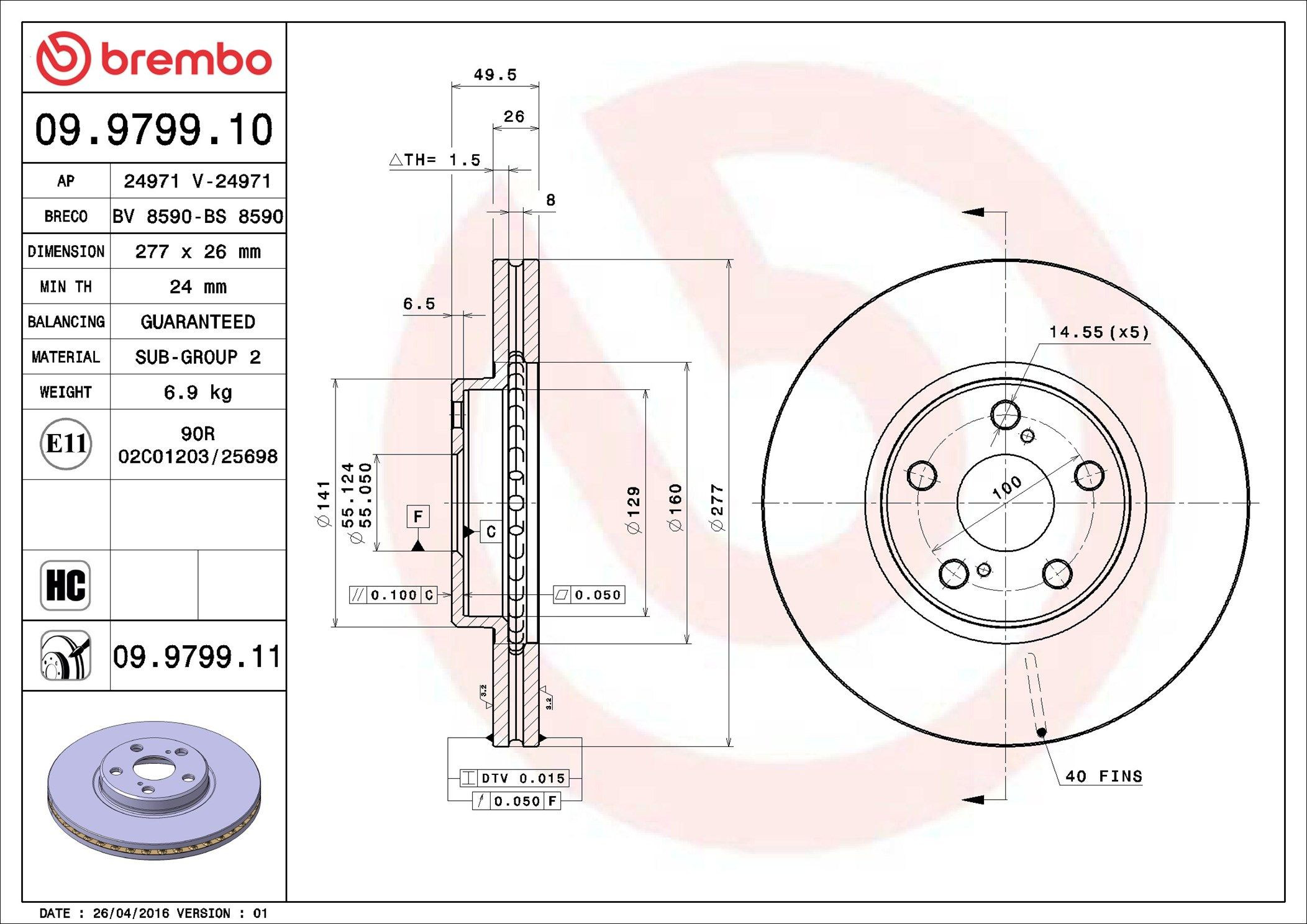 Диск переднього гальма Brembo 09979911 ціна, від 54.31 USD
