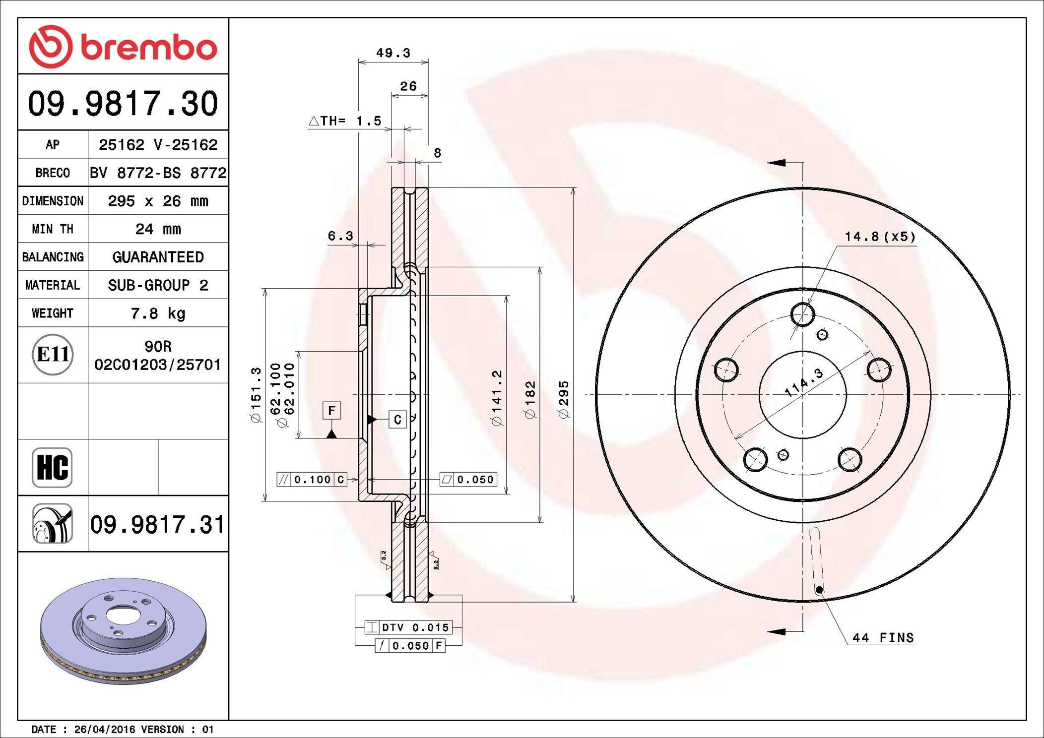 Диск гальмівний передній Brembo 09981731