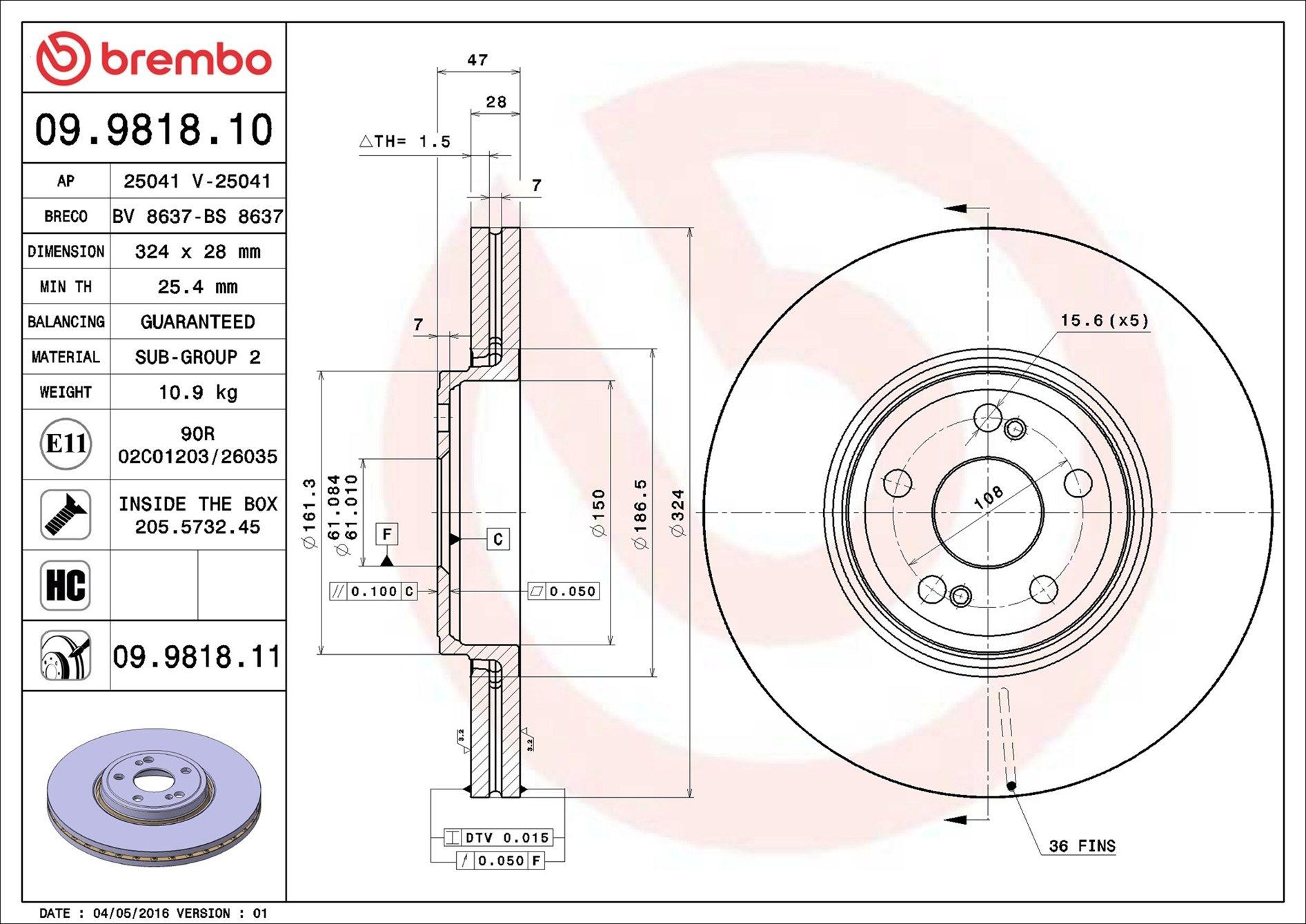 Диск переднього гальма Brembo 09981811 ціна, від 61.10 USD