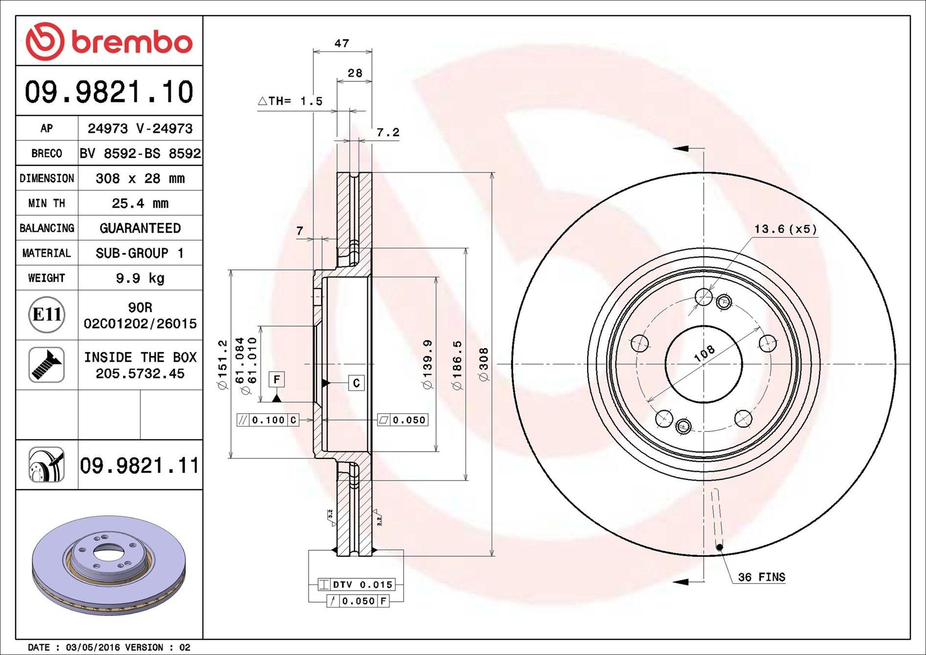 Купити 09982111 Brembo Ротор гальмівний
