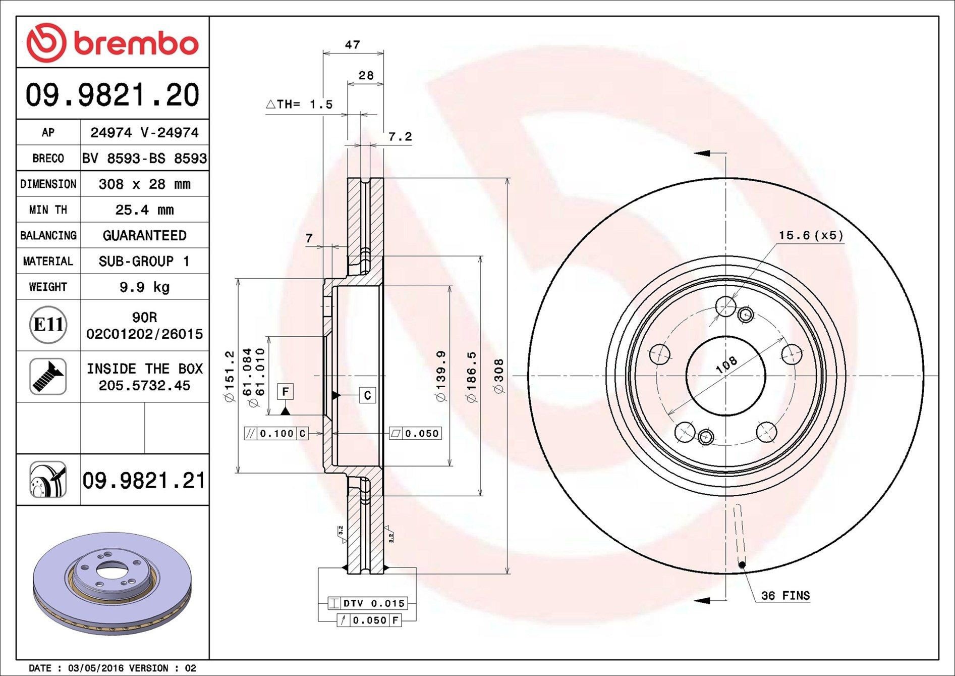 Диск переднього гальма Brembo 09982121 ціна, від 58.98 USD