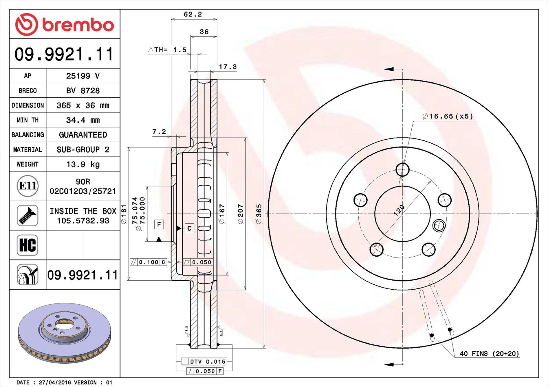 Диск переднього гальма Brembo 09992111 ціна, від 127.39 USD