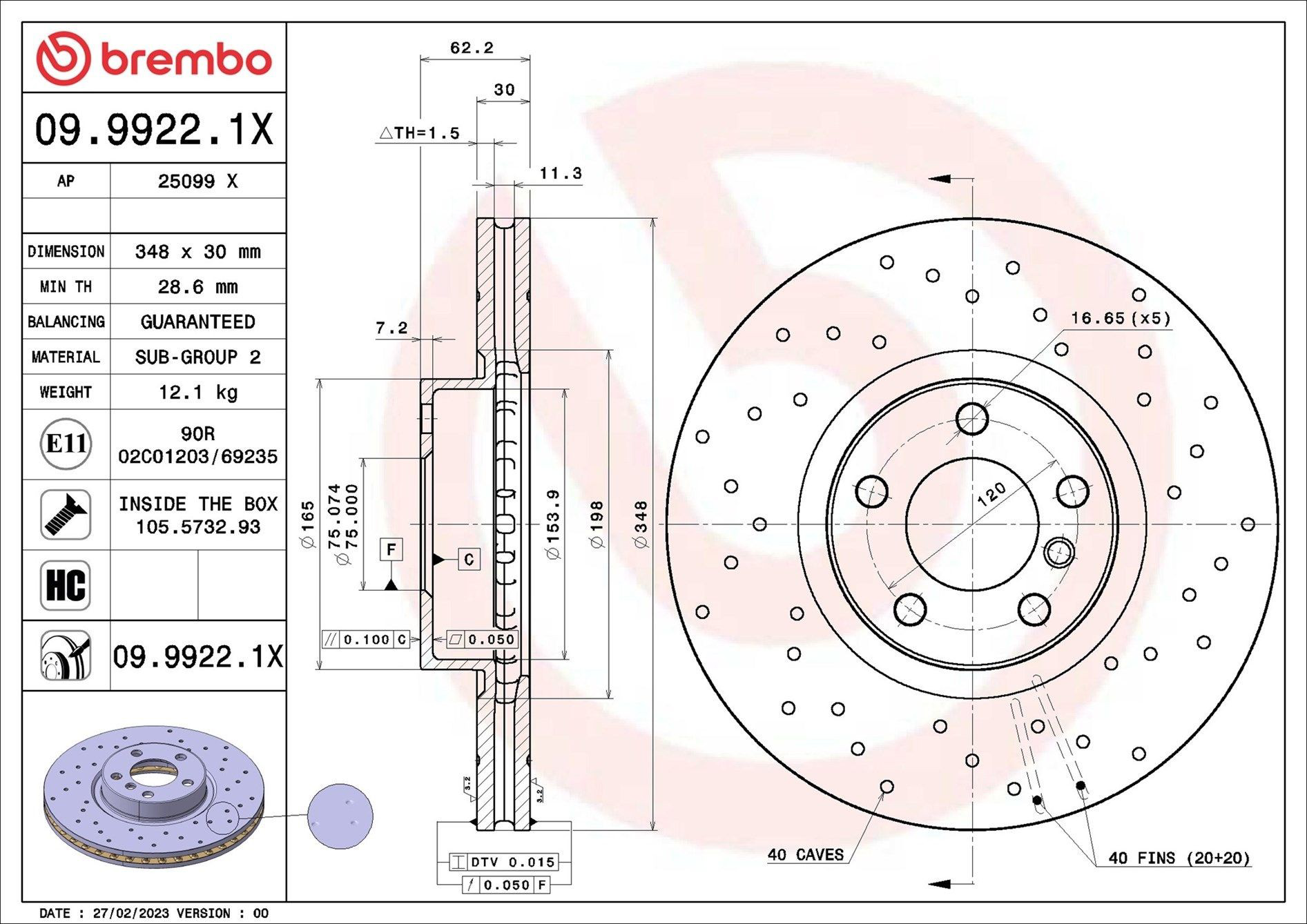 Диск переднього гальма Brembo 0999221X ціна, від 112.69 USD