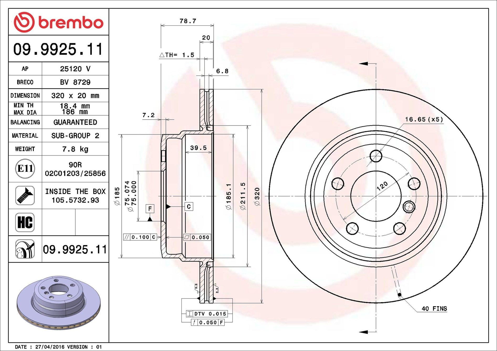 Диск гальмівний задній Brembo 09992511