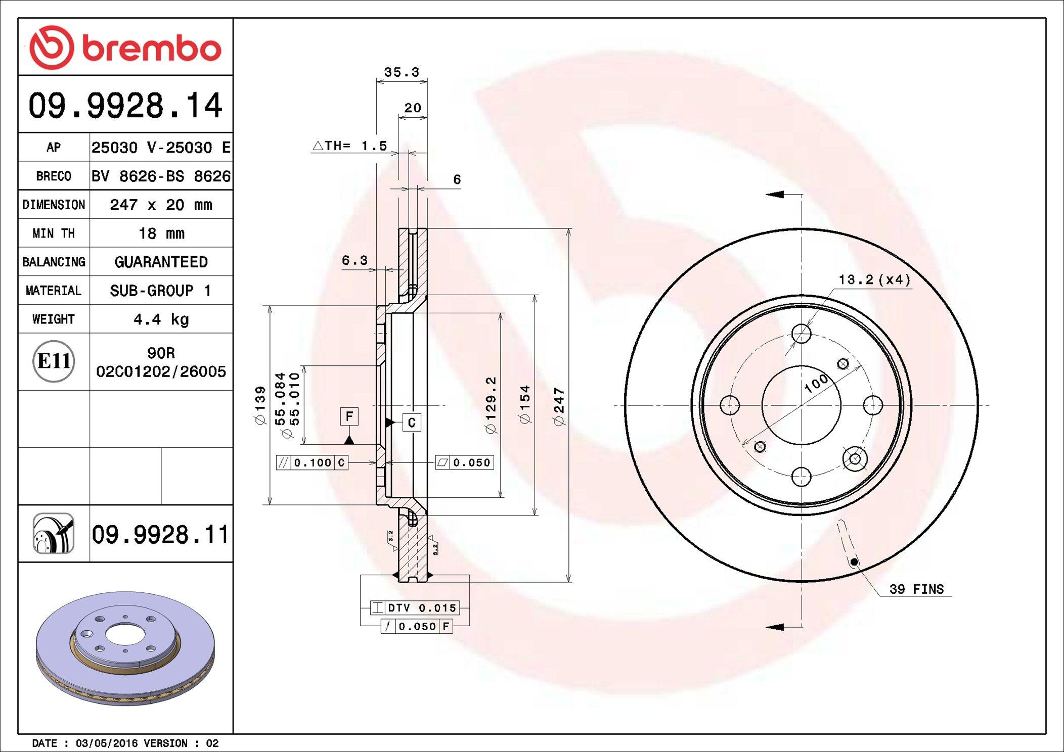 Диск переднього гальма Brembo 09992811 ціна, від 34.64 USD