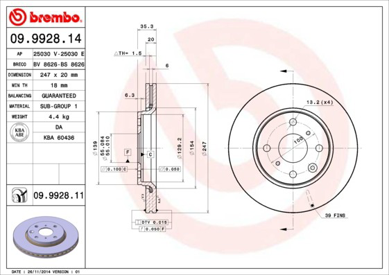 Диск переднього гальма Brembo 09992814 ціна, від 34.49 USD
