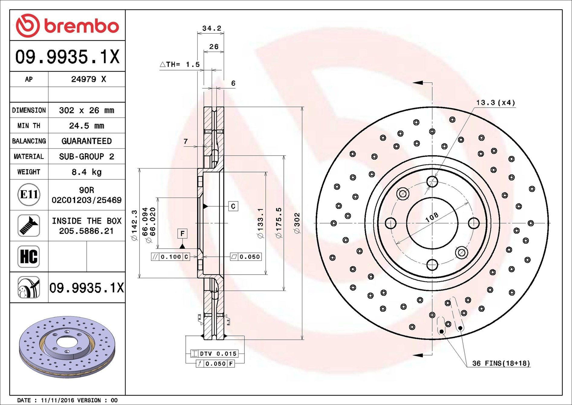 Диск переднього гальма Brembo 0999351X ціна, від 48.36 USD