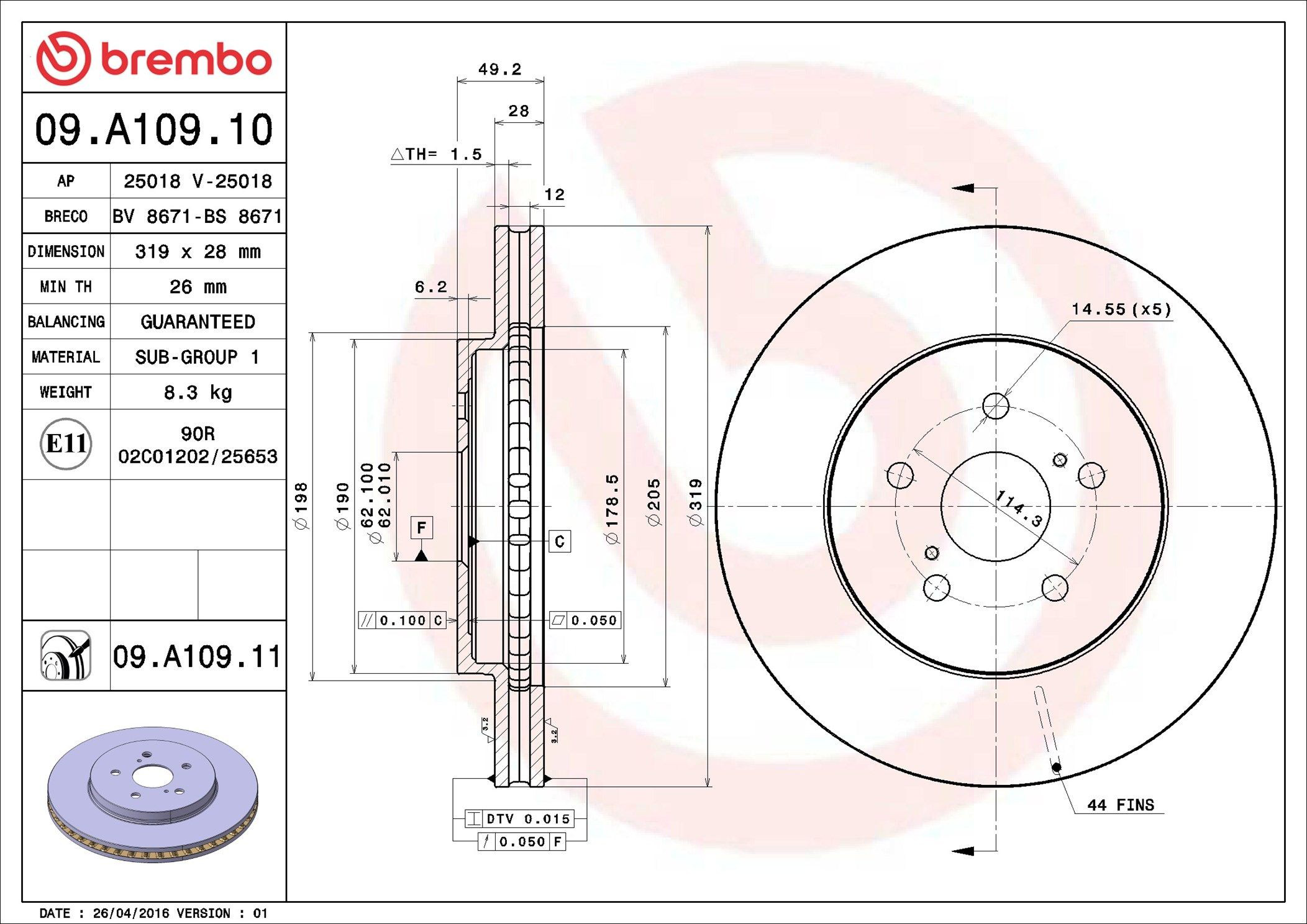 Диск переднього гальма Brembo 09A10911 ціна, від 57.02 USD