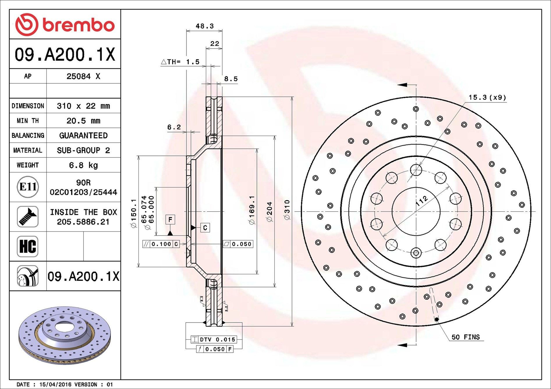 Купити 09A2001X Brembo Диск заднього гальма