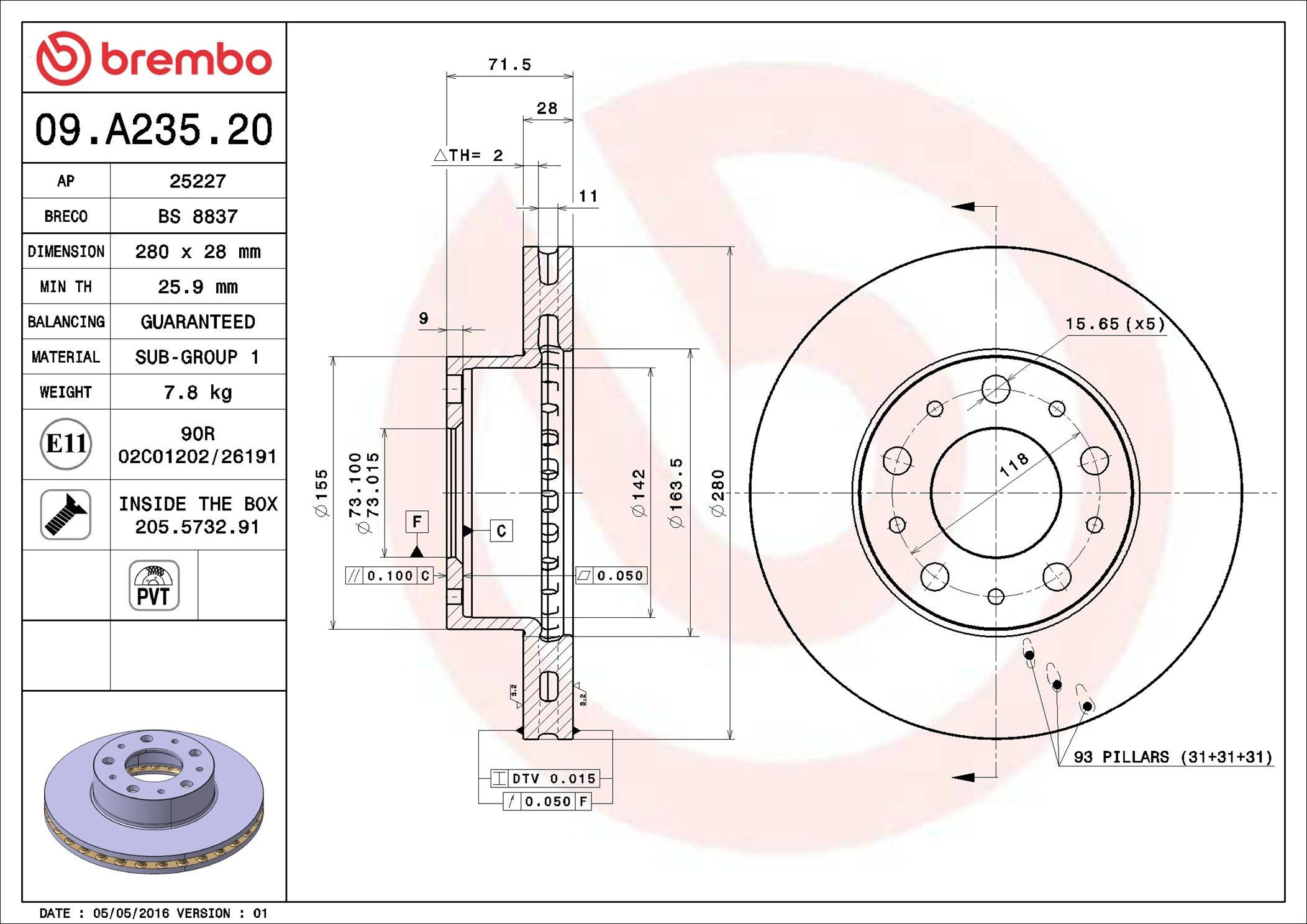 Диск гальмівний передній Brembo 09A23520