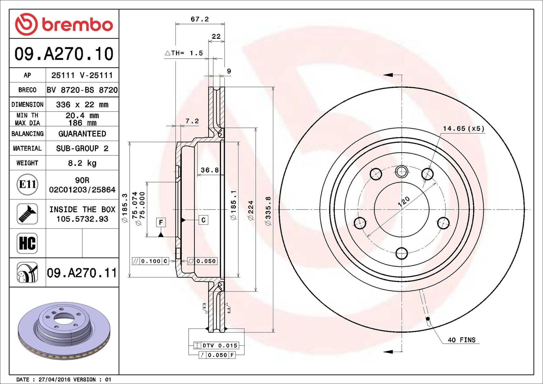 Купити 09A27011 Brembo Диск заднього гальма