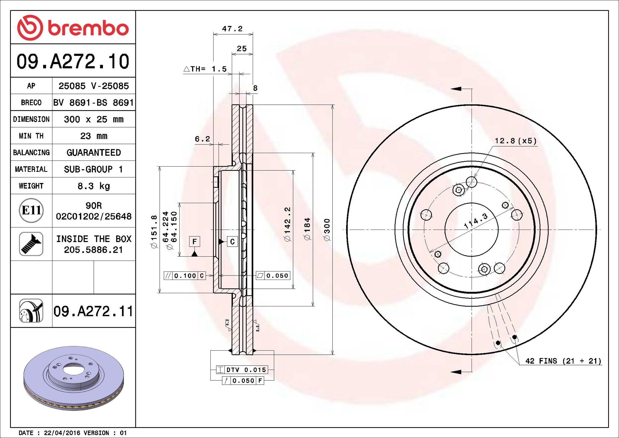 Диск переднього гальма Brembo 09A27211 ціна, від 60.08 USD