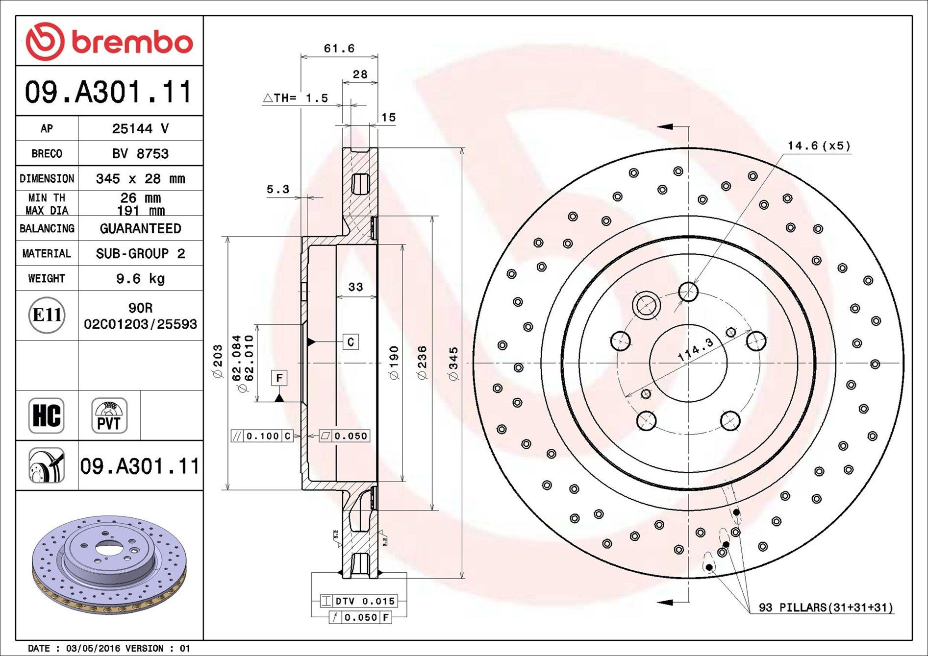 Купити 09A30111 Brembo Диск заднього гальма