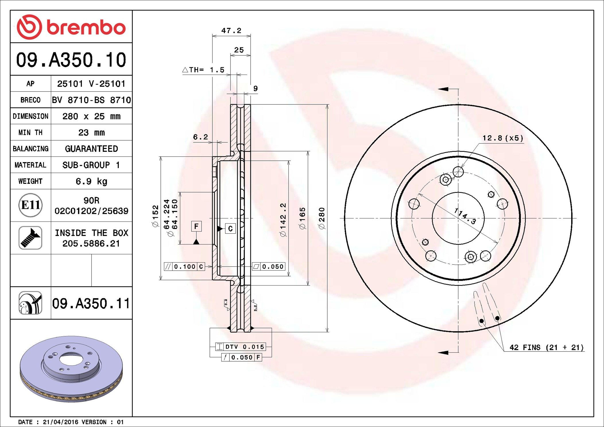 Диск переднього гальма Brembo 09A35011 ціна, від 52.10 USD