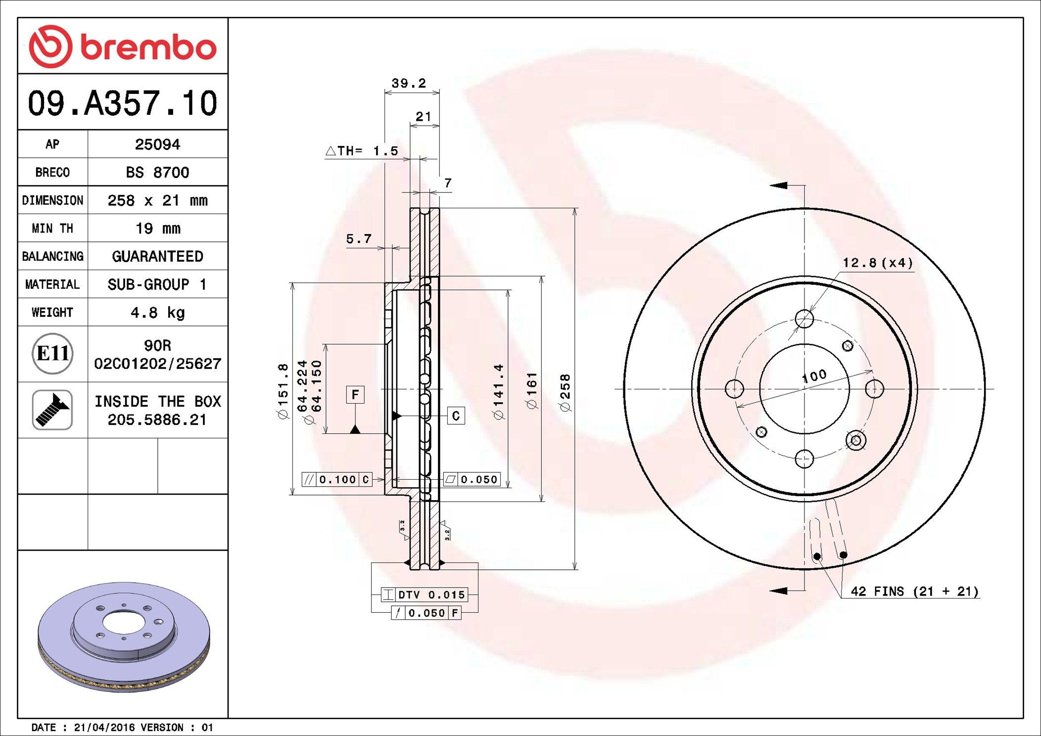 Диск гальмівний передній Brembo 09A35710