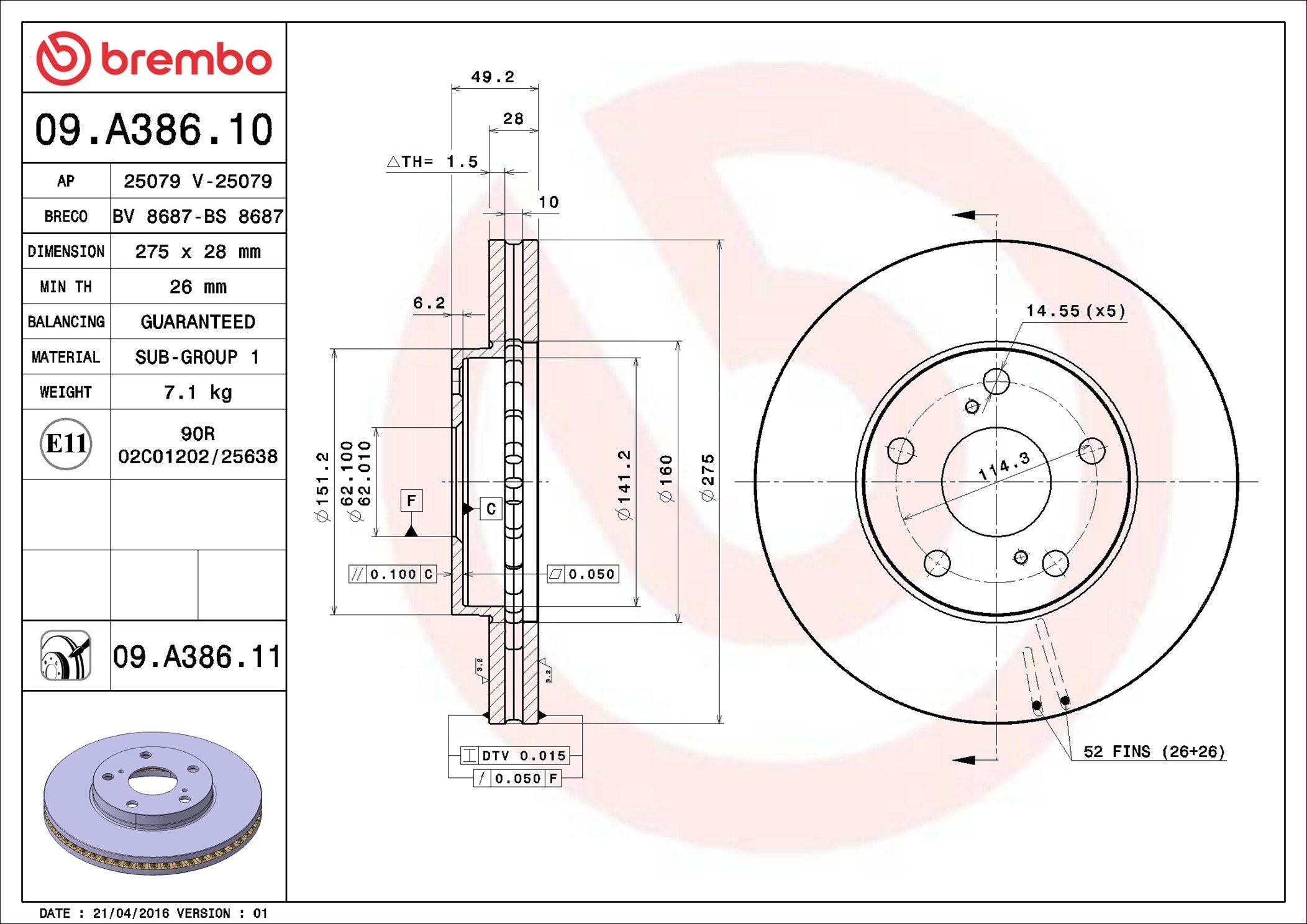 Диск переднього гальма Brembo 09A38611 ціна, від 52.54 USD
