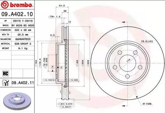 Диск переднього гальма Brembo 09A40211 ціна, від 76.44 USD