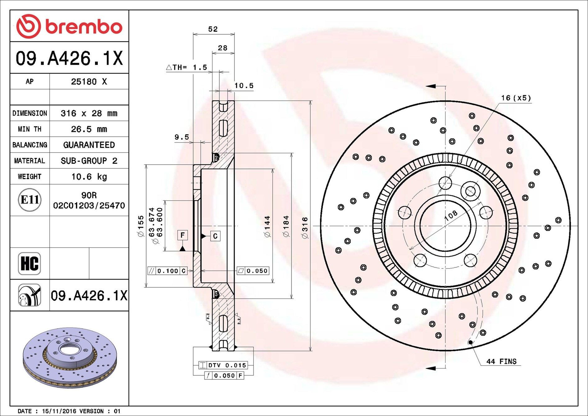 Диск переднього гальма Brembo 09A4261X ціна, від 79.30 USD