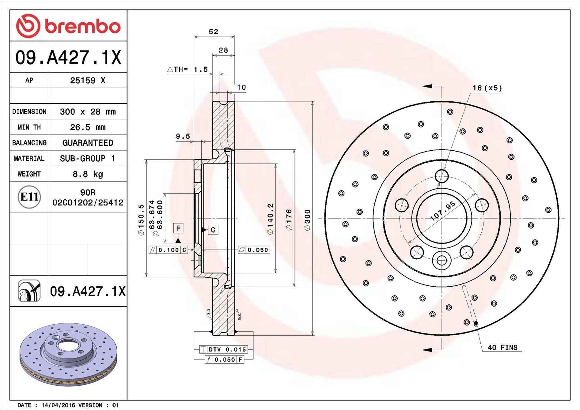 Диск переднього гальма Brembo 09A4271X ціна, від 67.58 USD