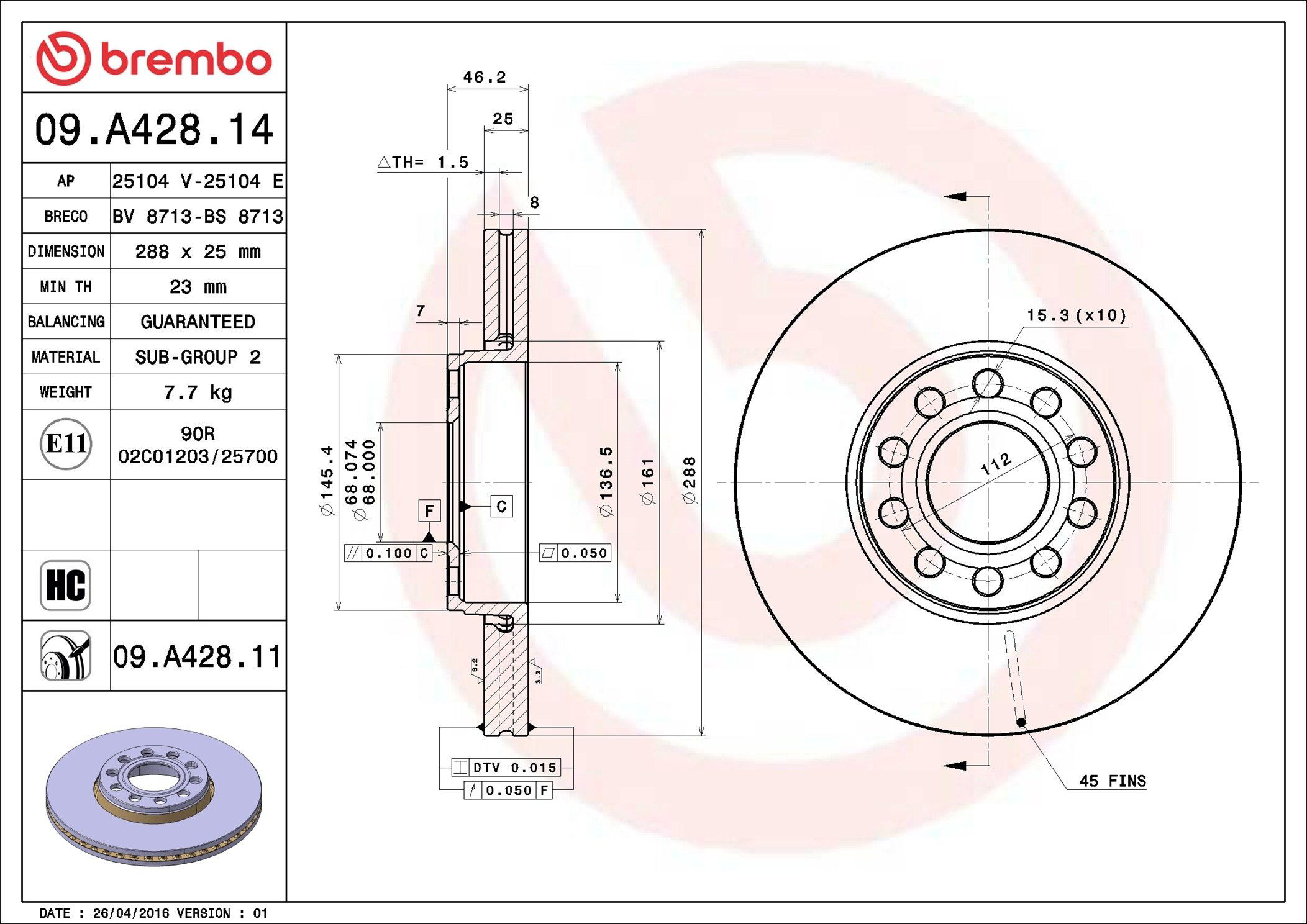 Диск переднього гальма Brembo 09A42811 ціна, від 54.12 USD