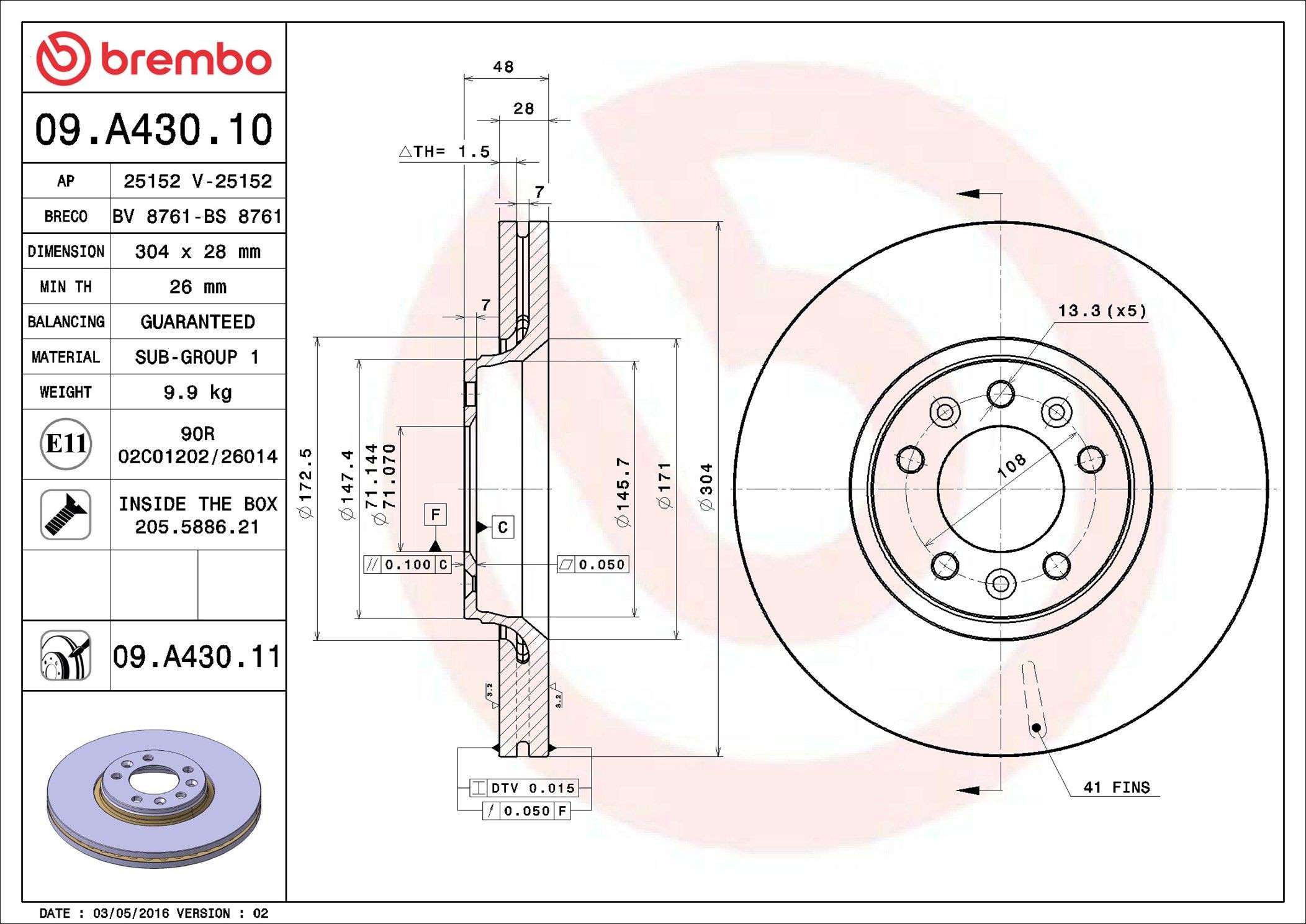 Диск переднього гальма Brembo 09A43010 ціна, від 52.64 USD