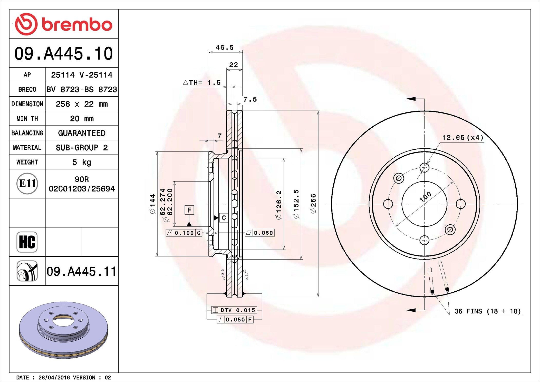 Диск переднього гальма Brembo 09A44511 ціна, від 40.35 USD