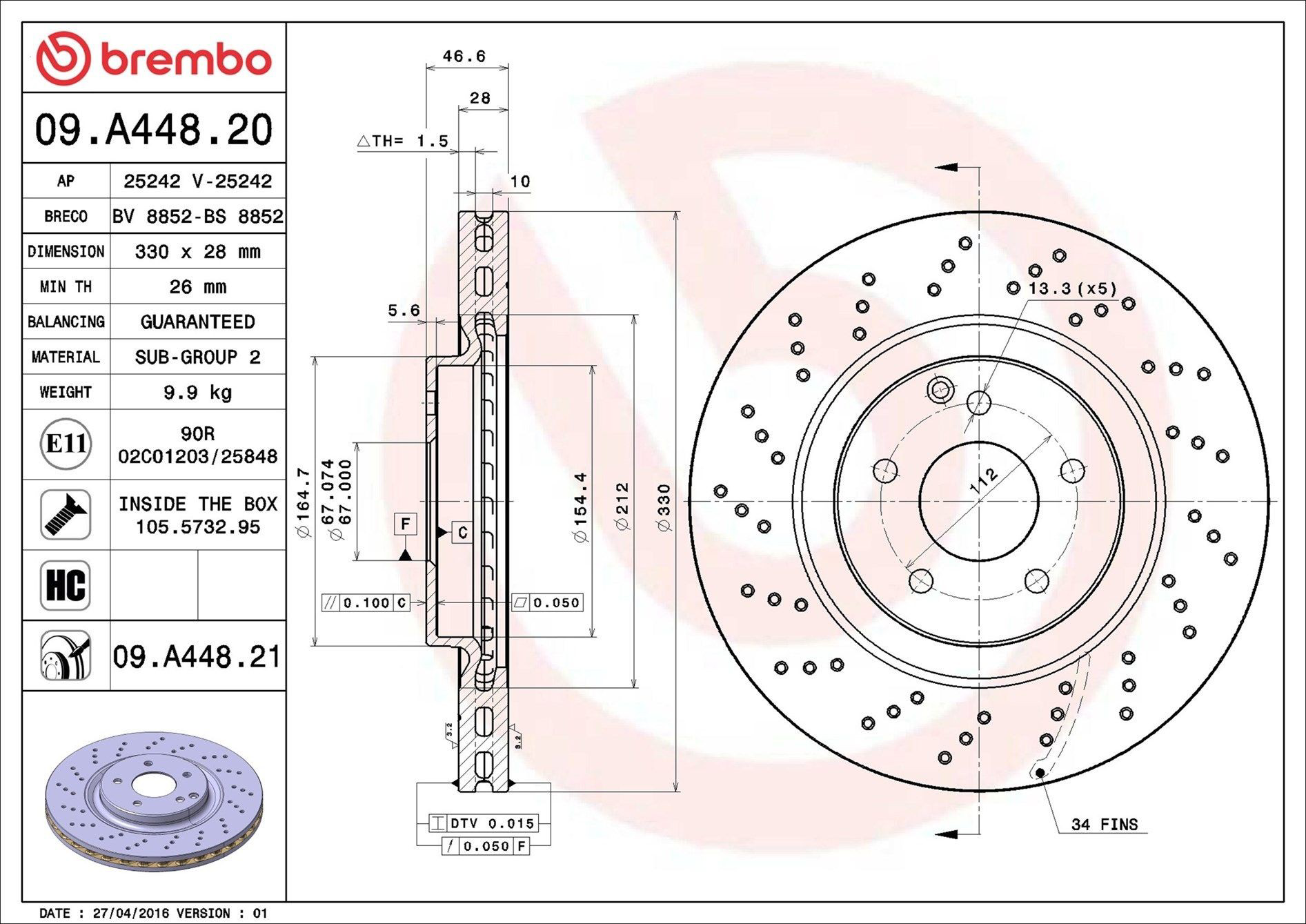 Диск переднього гальма Brembo 09A44821 ціна, від 71.54 USD