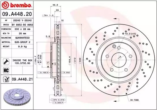 Диск гальмівний передній Brembo 09A44821