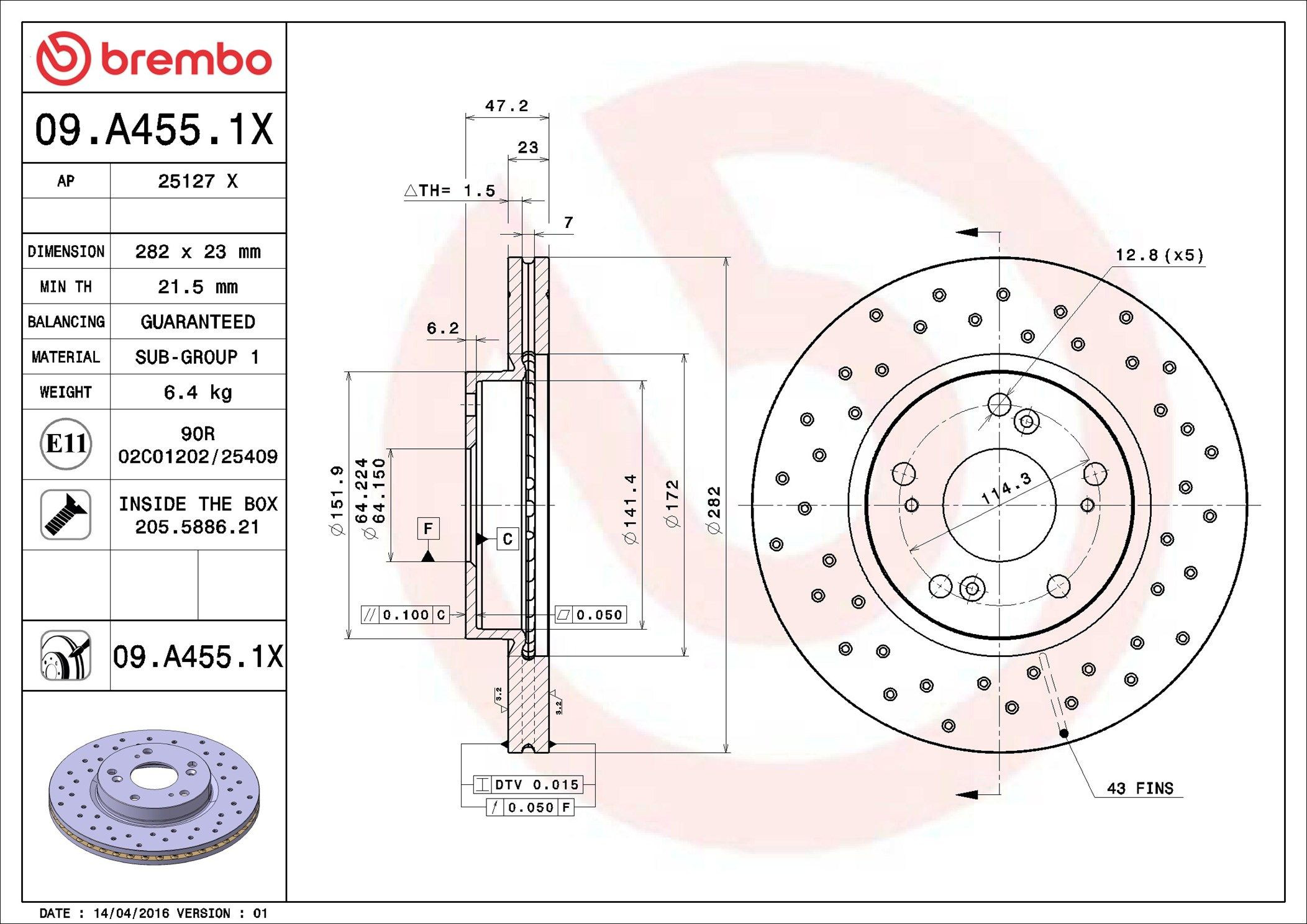 Диск переднього гальма Brembo 09A4551X ціна, від 50.99 USD