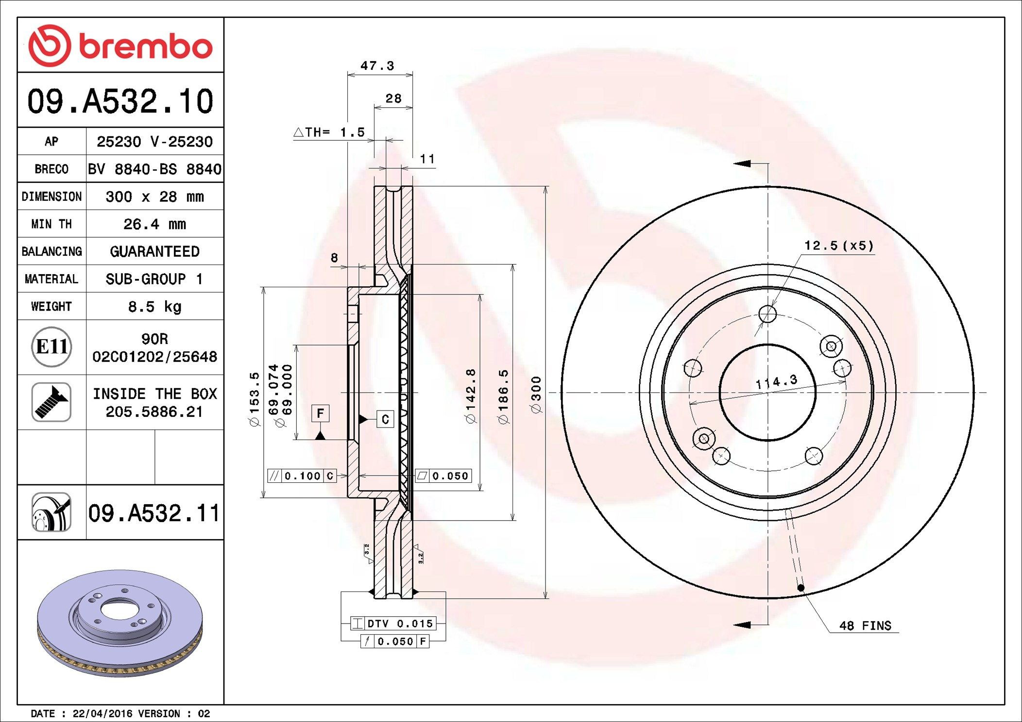 Диск переднього гальма Brembo 09A53211 ціна, від 58.28 USD