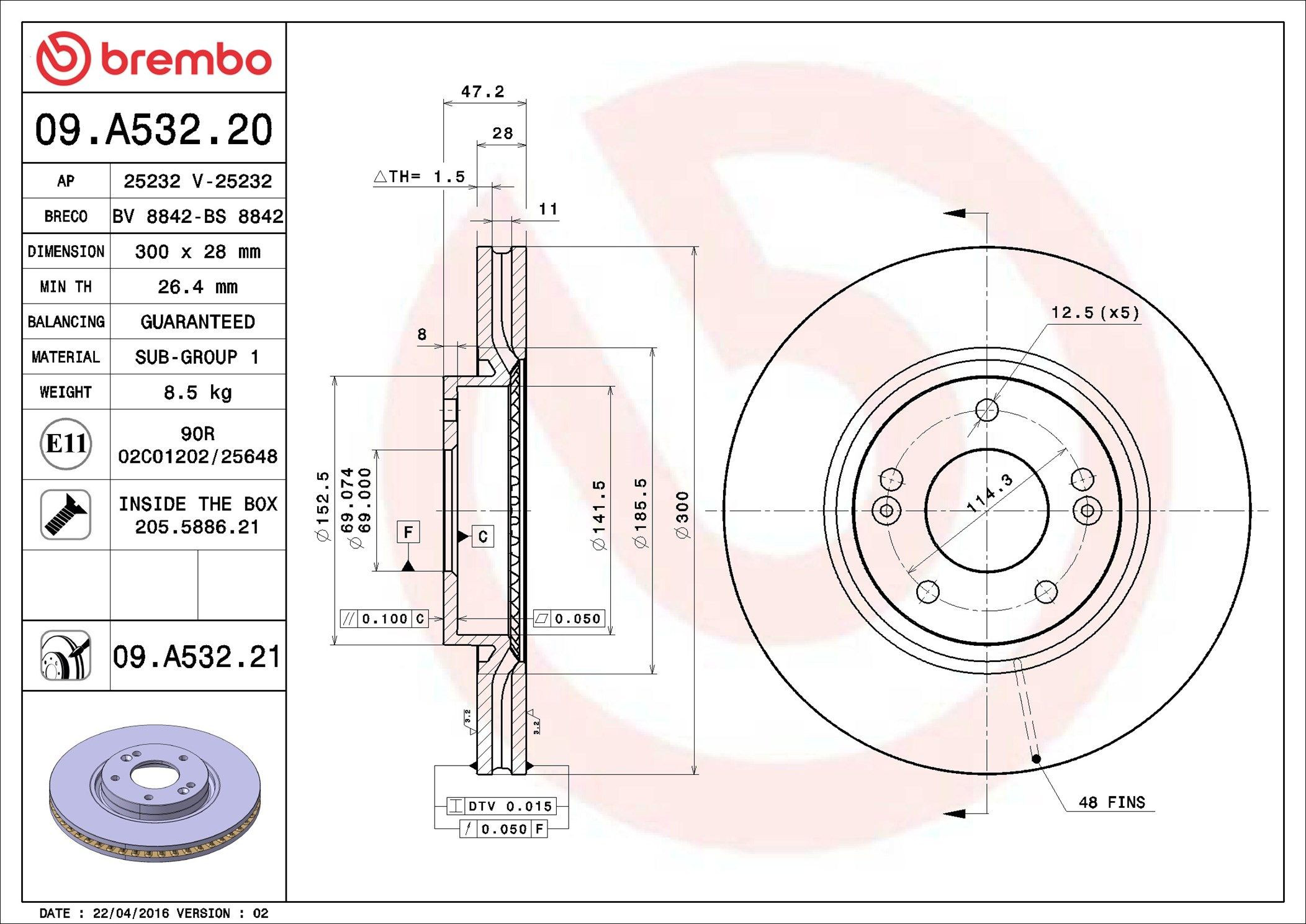 Диск гальмівний передній Brembo 09A53221
