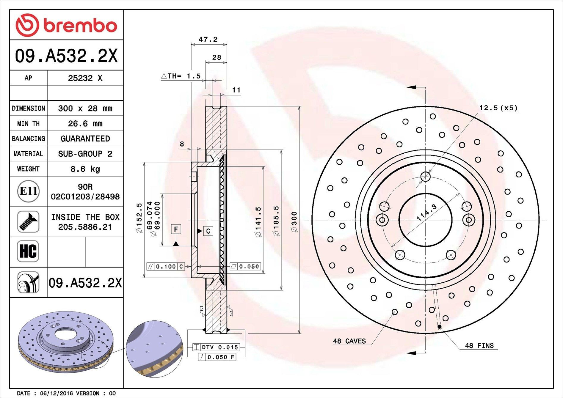 Диск переднього гальма Brembo 09A5322X ціна, від 61.83 USD
