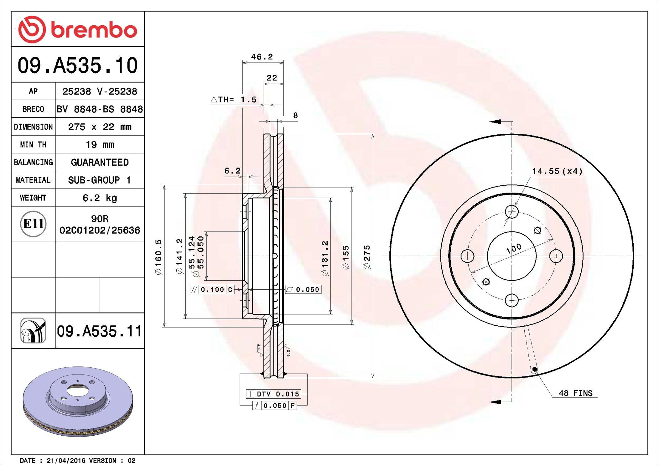 Диск переднього гальма Brembo 09A53511 ціна, від 36.81 USD