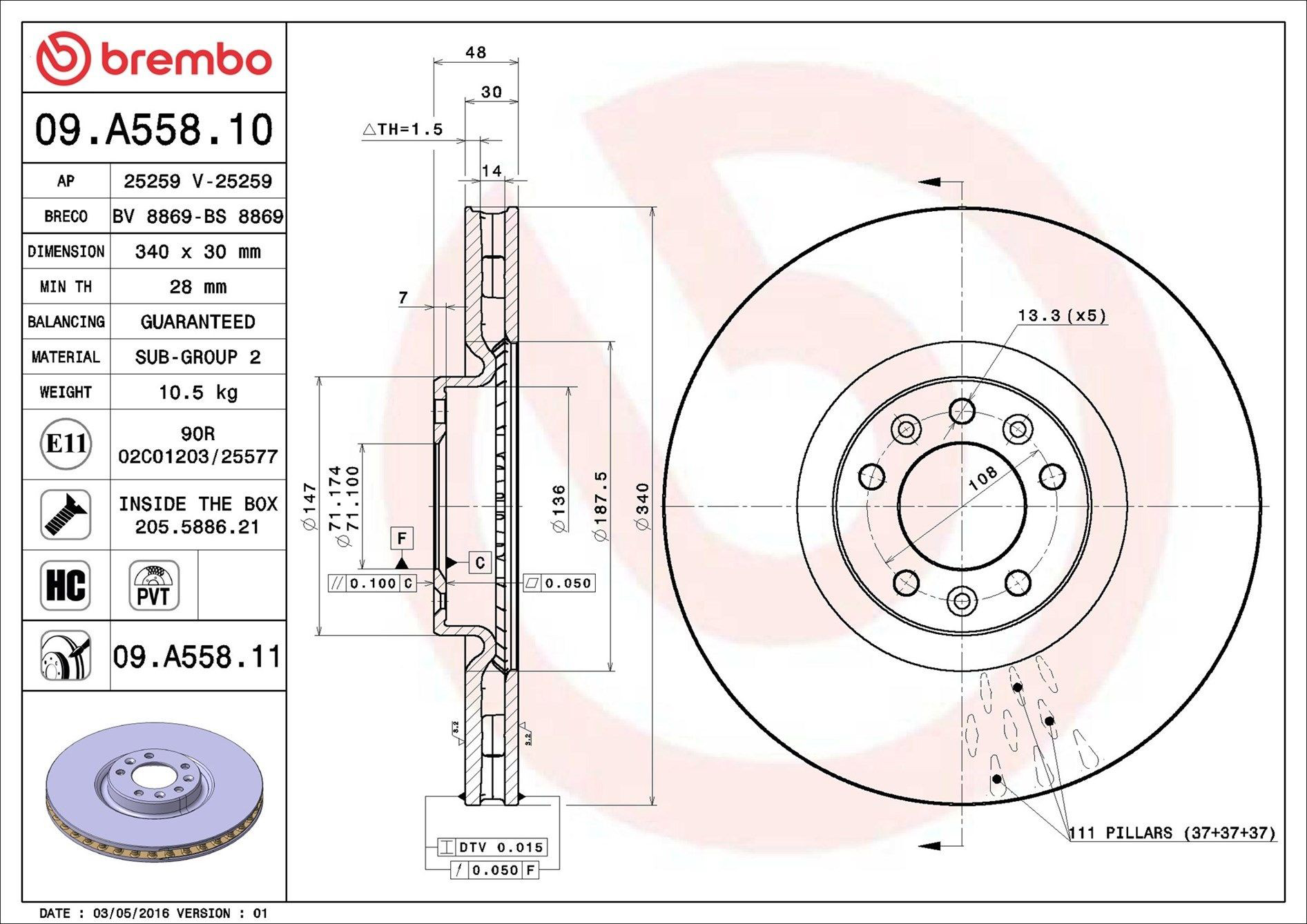 Диск переднього гальма Brembo 09A55811 ціна, від 73.92 USD