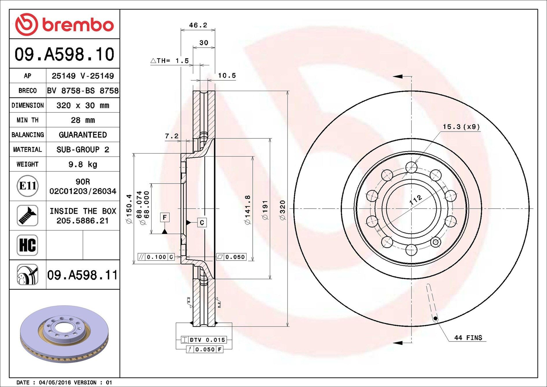 Диск переднього гальма Brembo 09A59811 ціна, від 66.60 USD