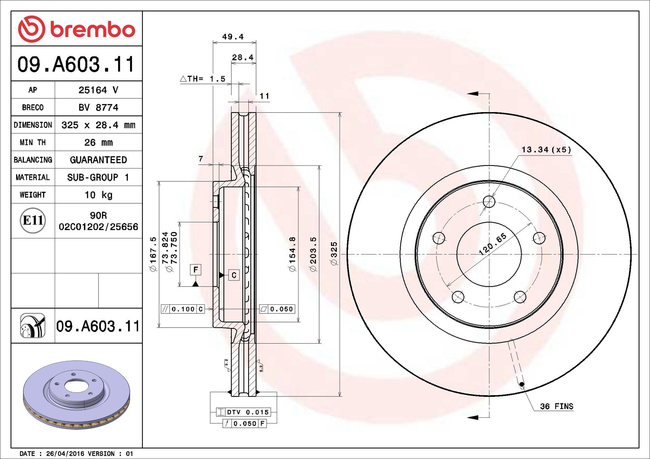Диск переднього гальма Brembo 09A60311 ціна, від 75.79 USD