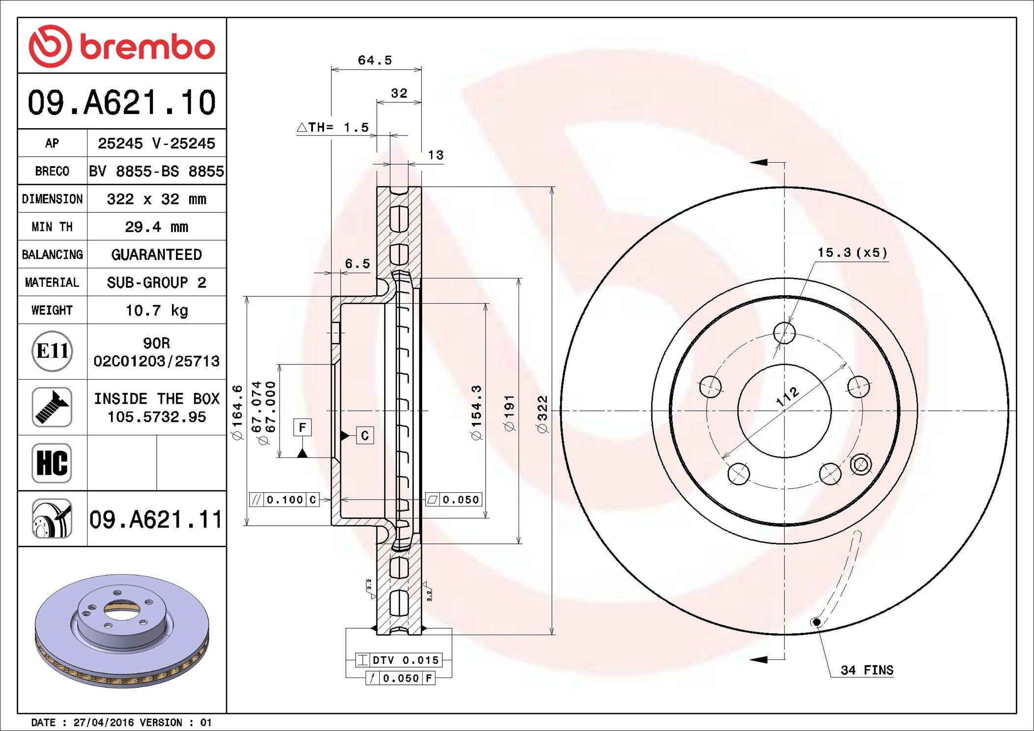 Диск переднього гальма Brembo 09A62111 ціна, від 85.38 USD