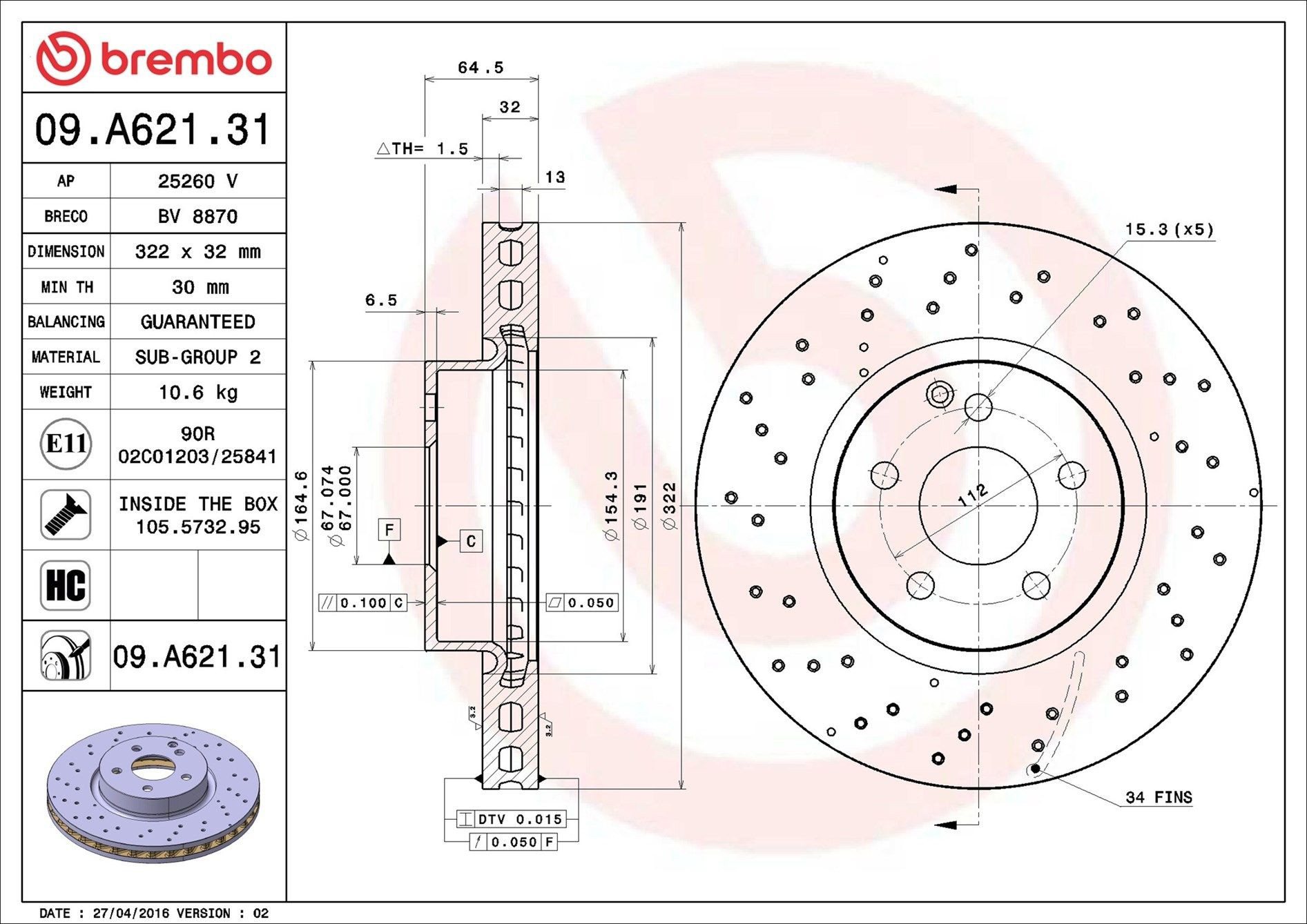 Диск переднього гальма Brembo 09A62131 ціна, від 89.32 USD