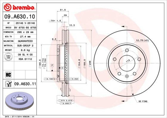 Диск переднього гальма Brembo 09A63010 ціна, від 63.05 USD