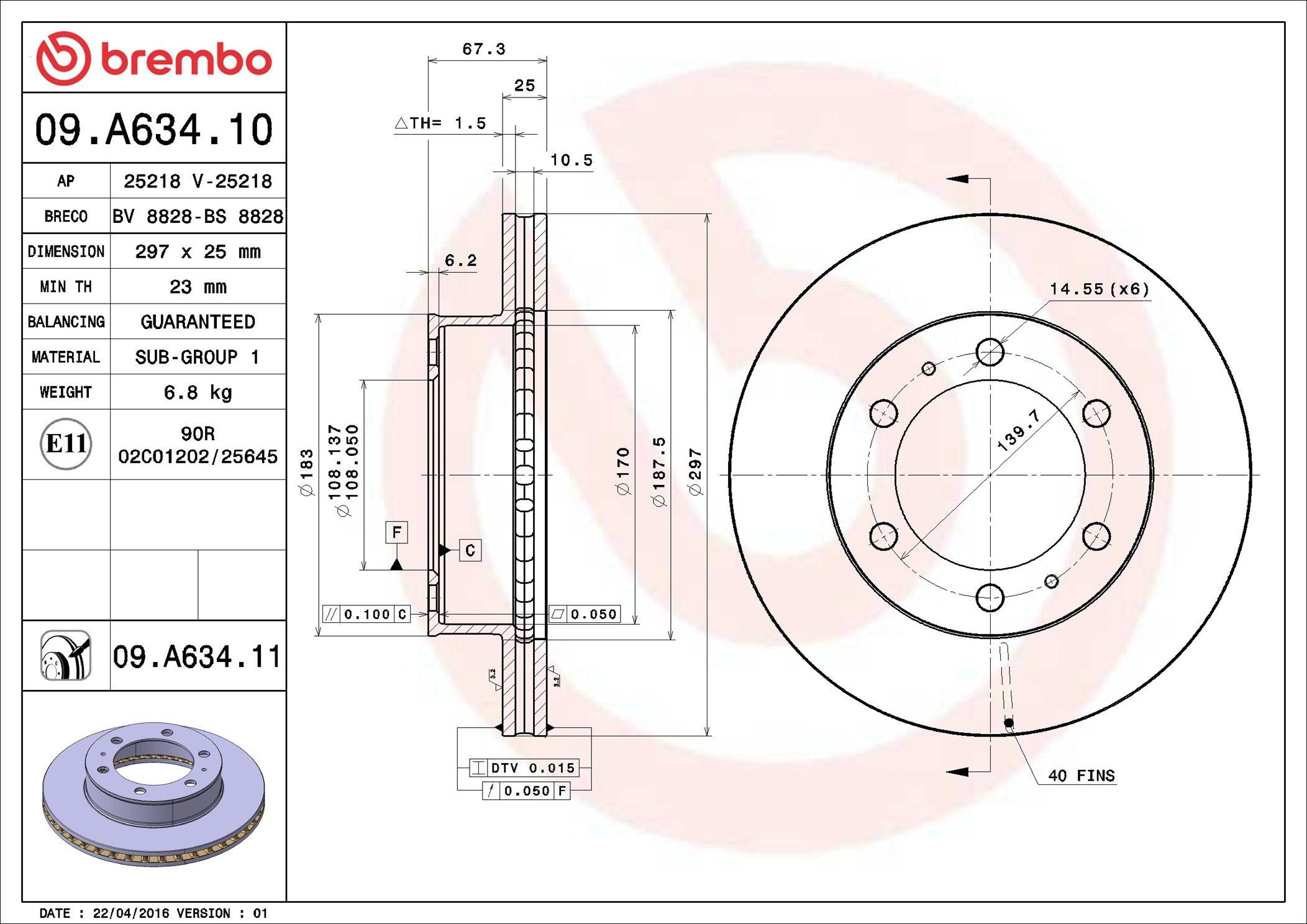 Диск переднього гальма Brembo 09A63411 ціна, від 57.47 USD