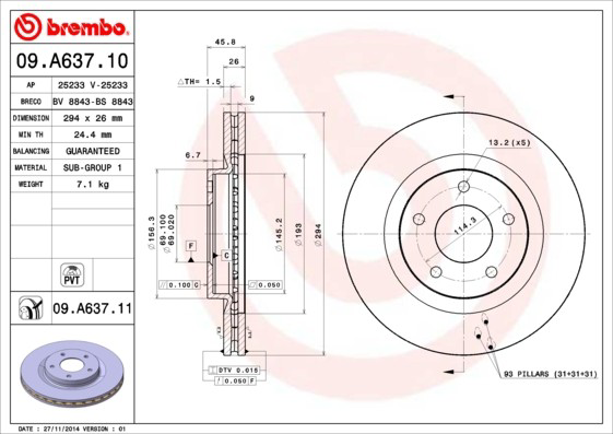 Диск переднього гальма Brembo 09A63710 ціна, від 48.79 USD