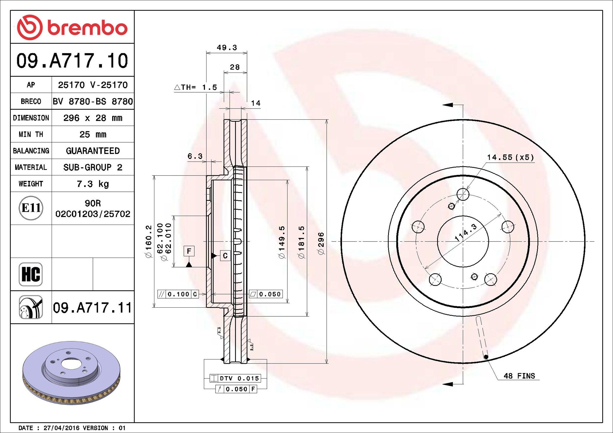 Диск переднього гальма Brembo 09A71711 ціна, від 56.70 USD